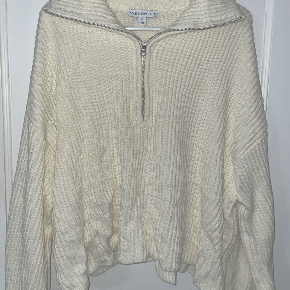 Quarter Zip Sweater, Off-White, Cream, XL